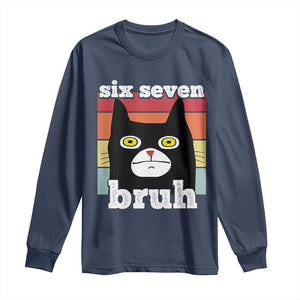 67 Bruh Meme Long Sleeve Shirt Funny Six Seven Black Cat TS14 Navy Print Your Wear