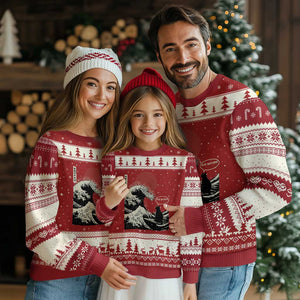 67 Six Seven Bruh Meme Ugly Christmas Sweater Funny Japanese Black Cat Surfing The Great Wave Kanagawa TS14 Red Beige Print Your Wear