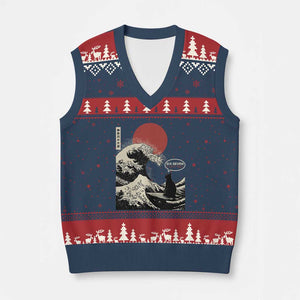 67 Six Seven Bruh Meme V-Neck Knit Sweater Vest Funny Japanese Black Cat Surfing The Great Wave Kanagawa TS14 Navy Red Print Your Wear