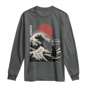 67 Six Seven Bruh Meme Long Sleeve Shirt Funny Japanese Black Cat Surfing The Great Wave Kanagawa TS14 Dark Heather Print Your Wear