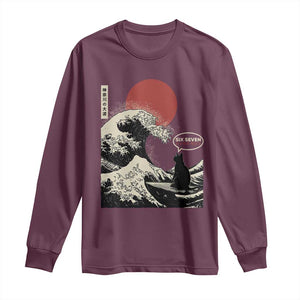 67 Six Seven Bruh Meme Long Sleeve Shirt Funny Japanese Black Cat Surfing The Great Wave Kanagawa TS14 Maroon Print Your Wear