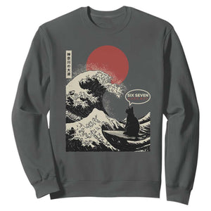 67 Six Seven Bruh Meme Sweatshirt Funny Japanese Black Cat Surfing The Great Wave Kanagawa TS14 Dark Heather Print Your Wear