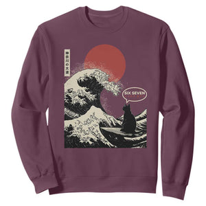 67 Six Seven Bruh Meme Sweatshirt Funny Japanese Black Cat Surfing The Great Wave Kanagawa TS14 Maroon Print Your Wear