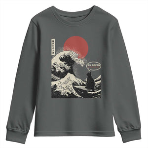 67 Six Seven Bruh Meme Youth Sweatshirt Funny Japanese Black Cat Surfing The Great Wave Kanagawa TS14 Dark Heather Print Your Wear
