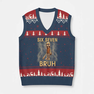 67 Bruh Meme V-Neck Knit Sweater Vest Funny Six Seven Tung Tung Sahur TS14 Navy Red Print Your Wear