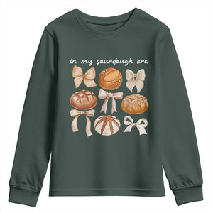 In My Sourdough Era Youth Sweatshirt Coquette Bows Baking Bread Lover TS14 Dark Forest Green Print Your Wear