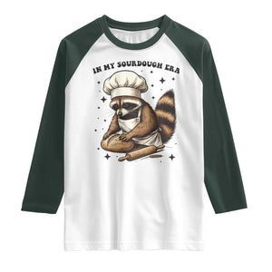 In My Sourdough Era Raglan Shirt Funny Raccoon Baker TS14 White Dark Forest Green Print Your Wear