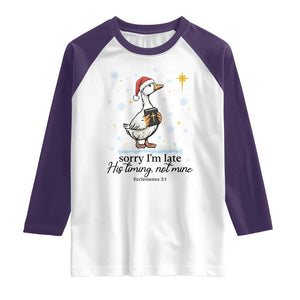 Christian Goose Raglan Shirt Sorry I Am Late His Timing Not Mine TS14 White Purple Print Your Wear