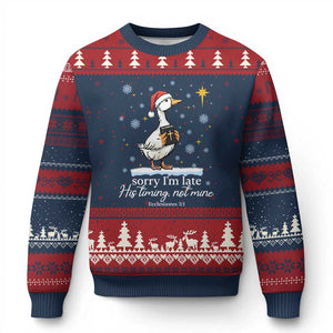 Christian Silly Goose Ugly Christmas Sweater Sorry I Am Late His Timing Not Mine TS14 Navy Red Print Your Wear