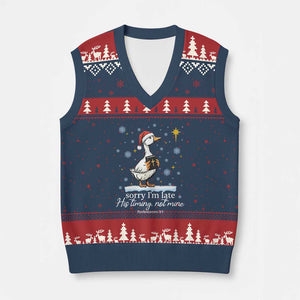 Christian Silly Goose V-Neck Knit Sweater Vest Sorry I Am Late His Timing Not Mine TS14 Navy Red Print Your Wear