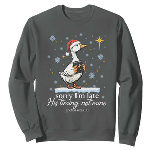 Christian Silly Goose Sweatshirt Sorry I Am Late His Timing Not Mine TS14 Dark Heather Print Your Wear