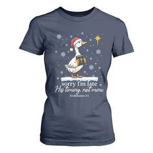 Christian Silly Goose T Shirt For Women Sorry I Am Late His Timing Not Mine TS14 Navy Print Your Wear