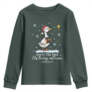 Christian Silly Goose Youth Sweatshirt Sorry I Am Late His Timing Not Mine TS14 Dark Forest Green Print Your Wear