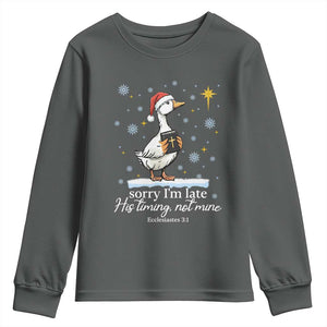 Christian Silly Goose Youth Sweatshirt Sorry I Am Late His Timing Not Mine TS14 Dark Heather Print Your Wear