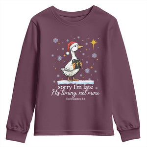 Christian Silly Goose Youth Sweatshirt Sorry I Am Late His Timing Not Mine TS14 Maroon Print Your Wear