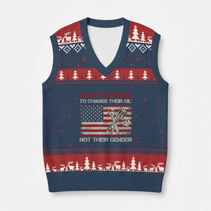 Teach Your Kids To Change Their Oil Not Their Gender V-Neck Knit Sweater Vest Mechanic Flag American Patriotic Flag TS14 Navy Red Print Your Wear