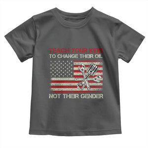 Teach Your Kids To Change Their Oil Not Their Gender Toddler T Shirt Mechanic Flag American Patriotic Flag Funny Mechanic Dad Political Satire Humor TS14 Dark Heather Print Your Wear