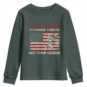 Teach Your Kids To Change Their Oil Not Their Gender Youth Sweatshirt Mechanic Flag American Patriotic Flag TS14 Dark Forest Green Print Your Wear