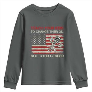 Teach Your Kids To Change Their Oil Not Their Gender Youth Sweatshirt Mechanic Flag American Patriotic Flag TS14 Dark Heather Print Your Wear