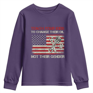 Teach Your Kids To Change Their Oil Not Their Gender Youth Sweatshirt Mechanic Flag American Patriotic Flag TS14 Purple Print Your Wear