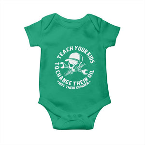 Teach Your Kids To Change Their Oil Not Their Gender Baby Onesie Funny Mechanic Dad Political Satire Humor TS14 Irish Green Print Your Wear