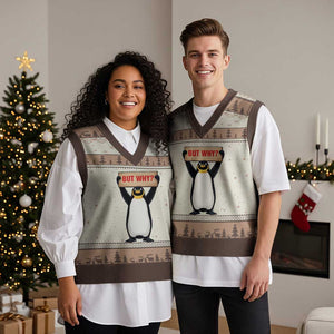 But Why Penguin V-Neck Knit Sweater Vest Funny Nihilist Penguin Hiking Meme TS14 Mocha Mousse Print Your Wear