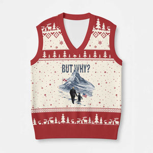 But Why Penguin V-Neck Knit Sweater Vest Head Towards The Mountains Penguin Meme TS14 Beige Red Print Your Wear