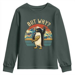 But Why Penguin Youth Sweatshirt Nihilist Penguin Mountain Hiking TS14 Dark Forest Green Print Your Wear