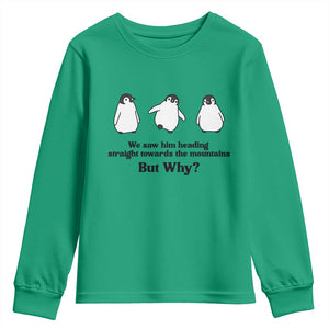 But Why Penguin Youth Sweatshirt Trendy Nihilist Sad Penguin Mountains Meme TS14 Irish Green Print Your Wear