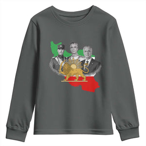 Pahlavi Dynasty Youth Sweatshirt Three Generations Iran Lion and Sun Portrait TS14 Dark Heather Print Your Wear