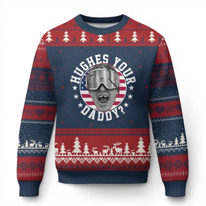 Funny Hughes Your Daddy Ice Hockey Fan Ugly Christmas Sweater Golden Goal Champions Celebration TS14 Navy Red Print Your Wear