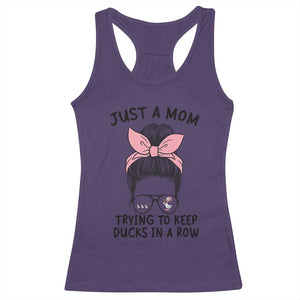 Just A Mom Trying To Keep Her Ducks In A Row Racerback Tank Top Funny Duck Mom Messy Hair Bun Moms Life TS14 Purple Print Your Wear