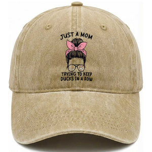 Just A Mom Trying To Keep Her Ducks In A Row Washed Cotton Baseball Cap Funny Duck Mom Messy Hair Bun Moms Life TS14 Print Your Wear