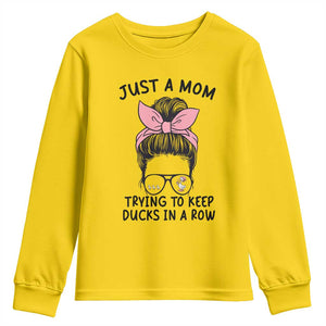 Just A Mom Trying To Keep Her Ducks In A Row Youth Sweatshirt Funny Duck Mom Messy Hair Bun Moms Life TS14 Daisy Print Your Wear