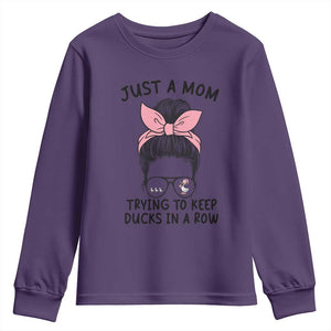 Just A Mom Trying To Keep Her Ducks In A Row Youth Sweatshirt Funny Duck Mom Messy Hair Bun Moms Life TS14 Purple Print Your Wear