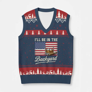 I'll Be in the Backyard V-Neck Knit Sweater Vest USA Flag Cigar and Bourbon TS14