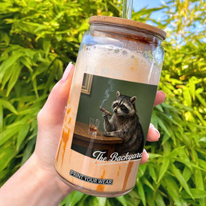 I'll Be in the Backyard Glass Can Funny Whiskey Cigar Raccoon Meme