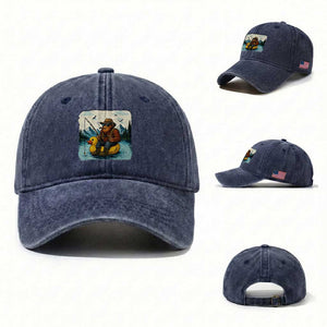 Funny Bigfoot Fishing Washed Cotton Baseball Cap Sasquatch Sitting Rubber Duckie Cruise TS14 Washed Cap Universal Fit Navy Print Your Wear