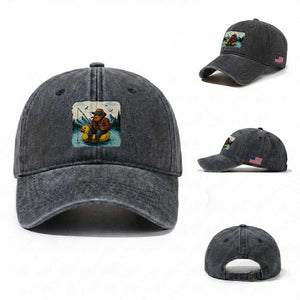 Funny Bigfoot Fishing Washed Cotton Baseball Cap Sasquatch Sitting Rubber Duckie Cruise TS14 Washed Cap Universal Fit Dark Gray Print Your Wear