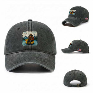 Funny Bigfoot Fishing Washed Cotton Baseball Cap Sasquatch Sitting Rubber Duckie Cruise TS14 Washed Cap Universal Fit Dark Green Print Your Wear