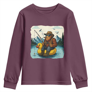 Funny Bigfoot Fishing Youth Sweatshirt Sasquatch Sitting Rubber Duckie Cruise TS14 Maroon Print Your Wear
