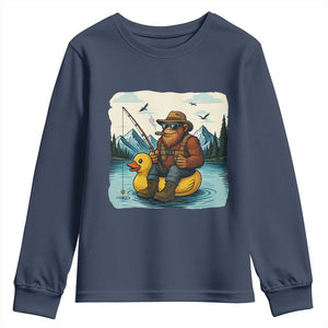 Funny Bigfoot Fishing Youth Sweatshirt Sasquatch Sitting Rubber Duckie Cruise TS14 Navy Print Your Wear