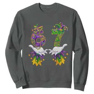 67 Mardi Gras Meme Sweatshirt Funny Six Seven Hand Carnival Trendy TS14 Dark Heather Print Your Wear