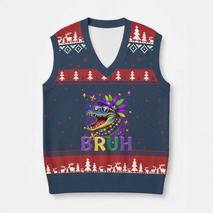 67 Mardi Gras V-Neck Knit Sweater Vest Funny Alligator Six Seven Bruh Meme TS14 Navy Red Print Your Wear