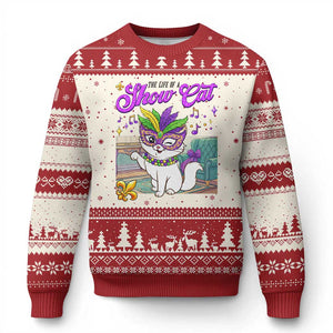 Cute Mardi Gras Cat Ugly Christmas Sweater The Life Of The Showcat TS14 Beige Red Print Your Wear