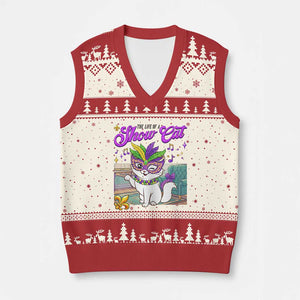 Cute Mardi Gras Cat V-Neck Knit Sweater Vest The Life Of The Showcat TS14 Beige Red Print Your Wear