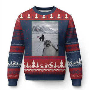 Nihilist Penguin Trump Hiking Mountains Ugly Christmas Sweater Funny Penguin Selfie But Why TS14 Navy Red Print Your Wear