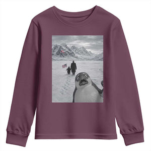 Nihilist Penguin Trump Hiking Mountains Youth Sweatshirt Funny Penguin Selfie But Why TS14 Maroon Print Your Wear