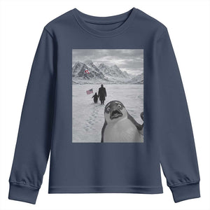 Nihilist Penguin Trump Hiking Mountains Youth Sweatshirt Funny Penguin Selfie But Why TS14 Navy Print Your Wear