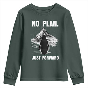 Nihilist Penguin Hiking Meme Youth Sweatshirt No Plan Just Forward TS14 Dark Forest Green Print Your Wear